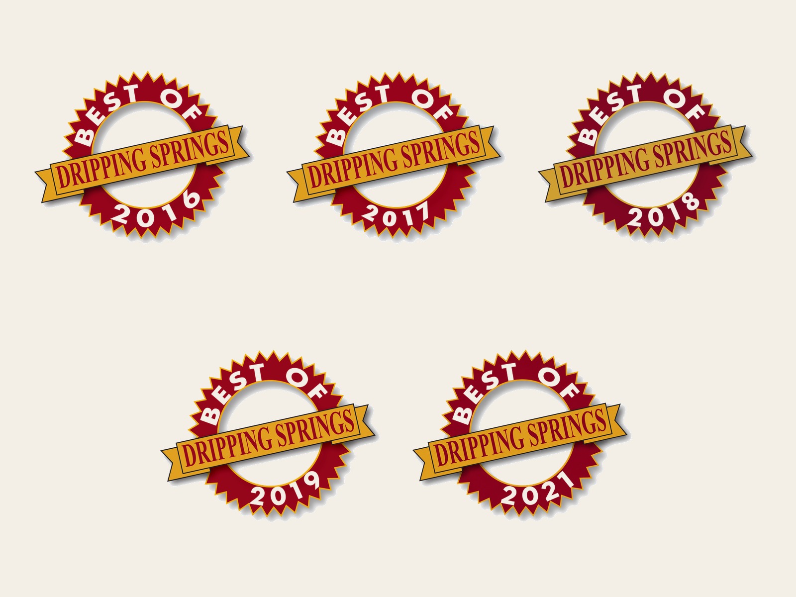 Best of Dripping Springs award badges for 2016, 2017, 2018, 2019, and 2021