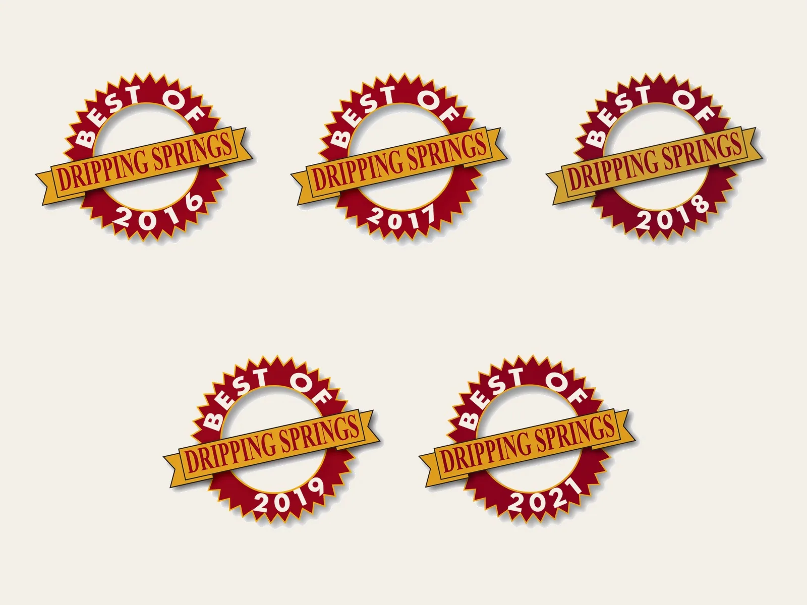 Best of Dripping Springs award badges for 2016, 2017, 2018, 2019, and 2021